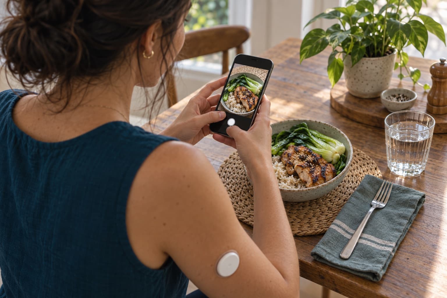 A woman photographs her lunch bowl with her phone to log it, a glucose sensor on her upper arm